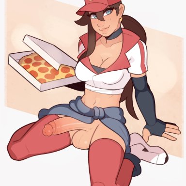 league of legends, pizza delivery sivir, sivir, splashbrush, 1futa, balls, big penis, bottomless, breasts, brown hair, cleavage, clothed, clothing, erection, futa only