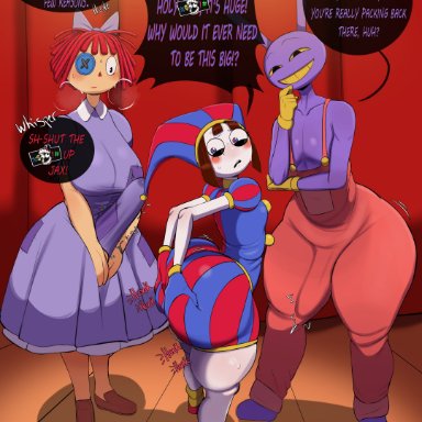 the amazing digital circus, character request, jax (the amazing digital circus), pomni, ragatha, yamathegod, 1boy, 1futa, 1girls, alternate ass size, anthro, ass, big thighs, bottom heavy, bow tie