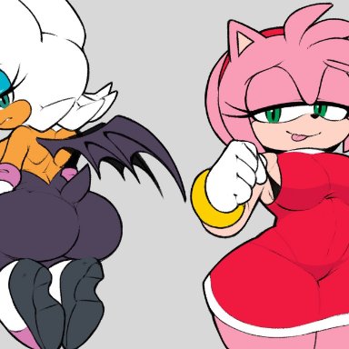 sega, sonic the hedgehog (series), amy rose, rouge the bat, a1x1az, 2girls, annoyed, anthro, ass, bat, big ass, big breasts, boots, bra, breasts