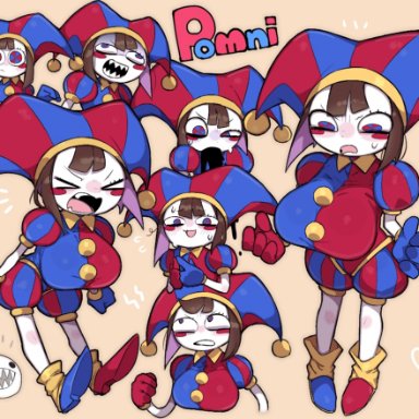 the amazing digital circus, pomni, mato tsuyoi, 1girls, big breasts, breasts, brown hair, busty, clothed, female, female only, gloves, huge ass, jester, jester cap