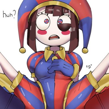 the amazing digital circus, pomni, artist request, brown hair, condom, confused, female, gloves, jester, jester costume, jester hat, jester outfit, looking at viewer, short hair, small breasts