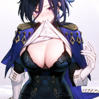 genshin impact, clorinde (genshin impact), biting shirt, blush, bra, huge breasts, looking to the side, mostly clothed, presenting breasts, raised arm, shirt lift, sitting on bed, uniform