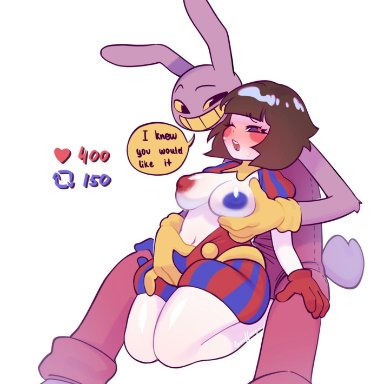 the amazing digital circus, twitter, jax (the amazing digital circus), pomni, artist request, 1girls, anthro, areolae, big thighs, blush, brown hair, bunny, bunny ears, dialogue bubble, female