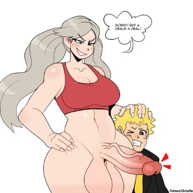 persona, persona 5, ann takamaki, ryuji sakamoto, thehornyzen, 1boy, 1futa, balls, big balls, big breasts, big thighs, blonde hair, bottomless, breasts, clothed