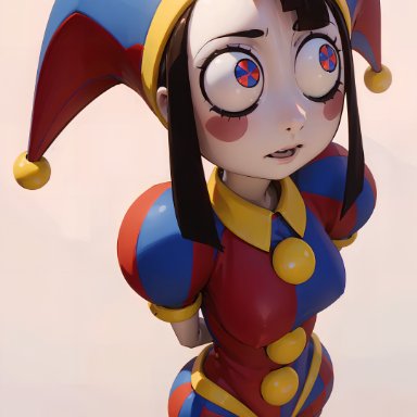 patreon, the amazing digital circus, twitter, pomni, miapipai, 1girls, attractive, black hair, blue eyes, blush, female, female focus, front view, gloves, jester