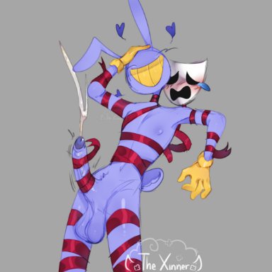 the amazing digital circus, jax (the amazing digital circus), artist request, anthro, blush, bunny, bunny ears, cumshot, gloves, male, mask, penis, purple body, purple penis, red ribbon