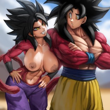 dragon ball, dragon ball gt, dragon ball super, caulifla, goku, son goku, elitenappa, 1boy, 1girls, abs, big breasts, breasts, cleavage, female, female saiyan