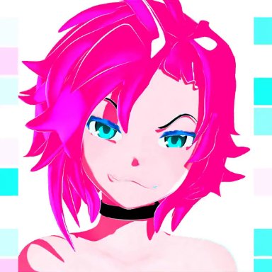 rwby, ruby rose, seejaydj, 1girls, blue eyes, bright colors, cat smile, choker, dancing, naked, naked female, nude, nude female, petite, pink hair