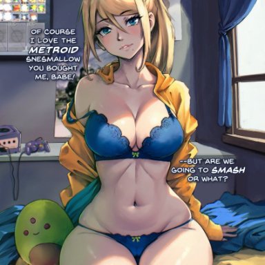 gamecube, metroid, super smash bros., samus aran, missfaves, asking for it, bedroom, blonde hair, blue bra, blue eyes, blue panties, bra, breasts, cameltoe, cleavage