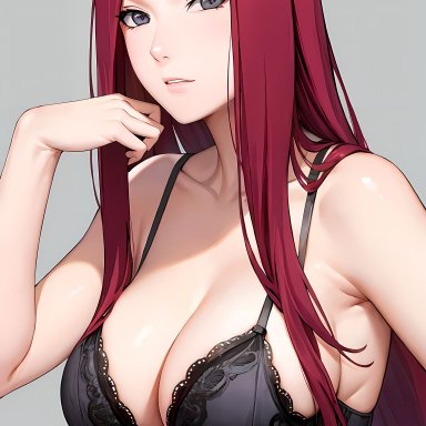 naruto, naruto (series), naruto shippuden, uzumaki kushina, mimi ai, 1girls, arm behind back, big breasts, black bra, blush, bra, breast press, breasts, cleavage, collarbone