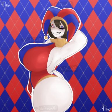 the amazing digital circus, pomni, srnava, big ass, big breasts, big thighs, brown hair, female, gloves, huge ass, huge breasts, huge thighs, jester, jester costume, jester hat