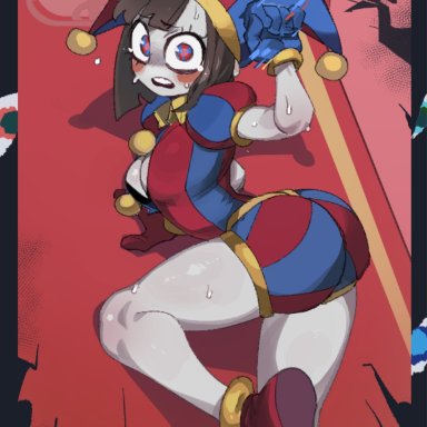 the amazing digital circus, kaufmo (abstracted), pomni, difmanm, big ass, big breasts, big thighs, boob window, brown hair, female, gloves, jester, jester costume, jester hat, jester outfit