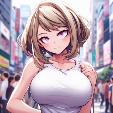 my hero academia, ochako uraraka, krystalizedart, bimbo, bimbofication, blonde hair, cleavage, female, female focus, female only, hand on breast, happy, huge breasts, large breasts, pink eyes