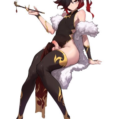 original, morinosuke, 1boy, arm support, balls, ballsack, bare shoulders, black dress, black hair, bridal gauntlets, china dress, chinese clothes, corrupted twitter file, covered navel, crossdressing