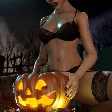 blizzard entertainment, halloween, overwatch, tracer, vulpeculy, balls, bra, breasts, brown eyes, cum, cum drip, cumshot, dark hair, dark lipstick, dickgirl