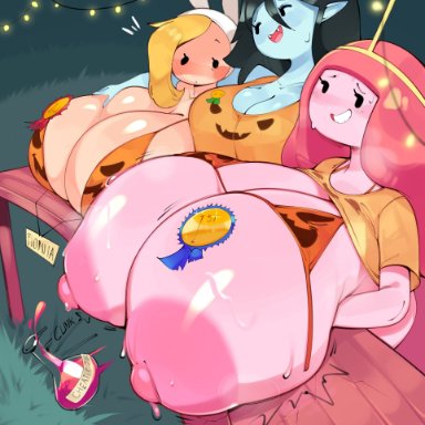 adventure time, fionna the human girl, marceline, princess bubblegum, bulumble-bee, 3girls, big breasts, blush, breast grab, breast rest, cleavage, dot eyes, flask, gigantic breasts, grin