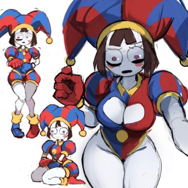 the amazing digital circus, pomni, artist request, rakeemspoon, 1girls, ass, big breasts, big thighs, boob window, brown hair, female, gloves, jester, jester cap, jester costume