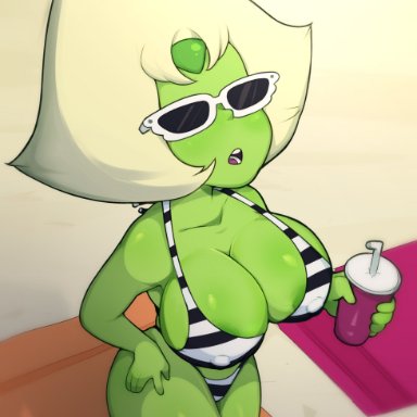 cartoon network, steven universe, gem (species), peridot (steven universe), lewdshock, 1girls, beach, big breasts, bikini, breasts, cleavage, erect nipples, erect nipples under clothes, eyewear, female