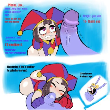 the amazing digital circus, jax (the amazing digital circus), pomni, acidsticky, big ass, blowjob, blush, brown hair, closed eyes, female, gloves, jester, jester cap, jester costume, jester girl