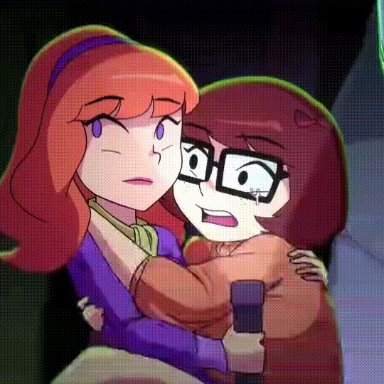 scooby-doo, daphne blake, velma dinkley, derpixon, 2girls, all fours, anus, ass, ass grab, bent over, black eyes, blowjob, bouncing ass, bouncing breasts, brown hair