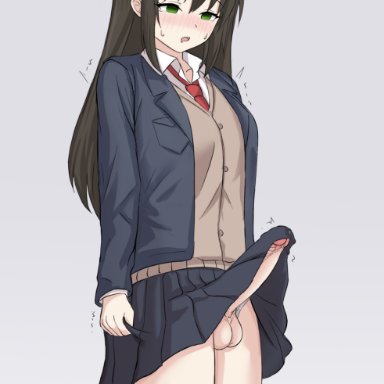 kurofuro, 1futa, aroused, bangs, beige cardigan, big breasts, black skirt, blazer, blue jacket, blush, bottomless, brown hair, bulge, cardigan, clothed