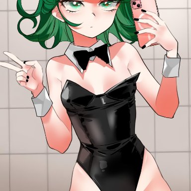 iphone, one-punch man, tatsumaki, 1girls, bare shoulders, black latex, black nails, bunny ears, bunny girl, bunnysuit, cellphone, choker, clothed female, flat chest, green hair