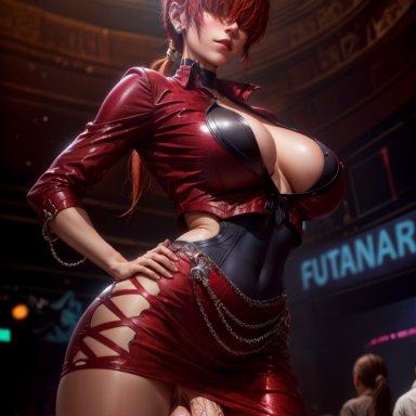 king of fighters, shermie (kof), naikedart, flaccid, flaccid penis, futanari, hair over eyes, hand on hip, intersex, red hair, ai generated, low-angle view, stable diffusion