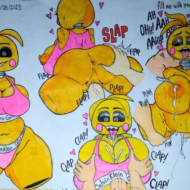 calvin klein, five nights at freddy's, five nights at freddy's 2, scottgames, toy chica (fnaf), mrchinoart, animatronic, anthro, avian, big breasts, bird, bodily fluids, breast play, breast squish, breasts