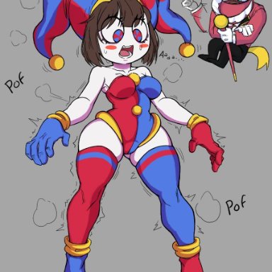 the amazing digital circus, pomni, spindandcloths, big thighs, black pants, bow tie, brown hair, denture, eye ball, eyes, female, gloves, jester, jester cap, jester costume