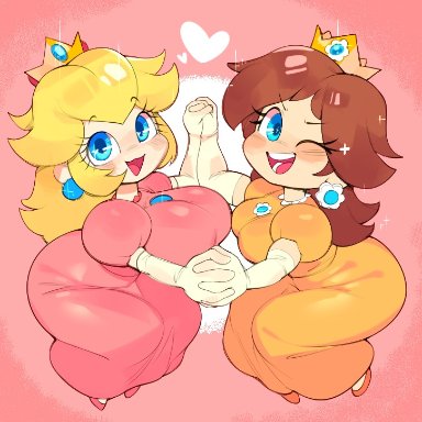 mario (series), nintendo, princess daisy, princess peach, bulumble-bee, 2girls, big breasts, blonde hair, blue eyes, brown hair, clothed, clothing, crown, dress, earrings