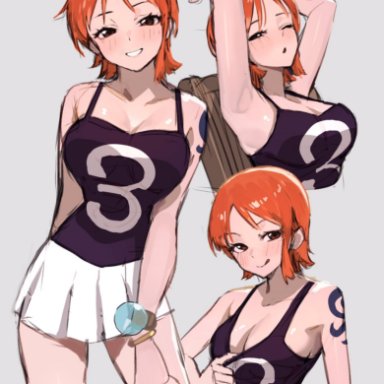 one piece, shounen jump, water 7, nami, sooon, armpits, arms up, big breasts, bracelet, brown eyes, cleavage, female, female only, looking at viewer, official alternate costume