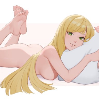 game freak, pokemon, pokemon sm, lusamine (pokemon), dnaitari, 1girls, ass, blonde hair, bottomless, breasts, feet, feet up, female, female only, grabbing pillow