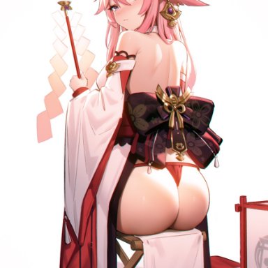 genshin impact, yae miko, 95---, gohei, animal ears, ass, backless outfit, bare shoulders, blush, closed mouth, detached sleeves, female, floppy ears, fox ears, from behind