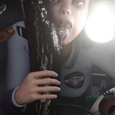 five nights at freddy's, vanessa (fnaf), red lj, 1boy, 1girls, after deepthroat, blonde hair, cap, dark-skinned male, deepthroat, deepthroat mark, female, huge cock, large penis, massive cock