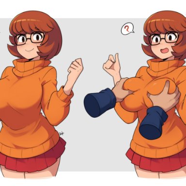 cartoon network, hanna-barbera, scooby-doo, velma dinkley, ayb, ?, 1girls, 1other, before and after, big breasts, boob grab, breast focus, breast fondling, breast grab, breasts