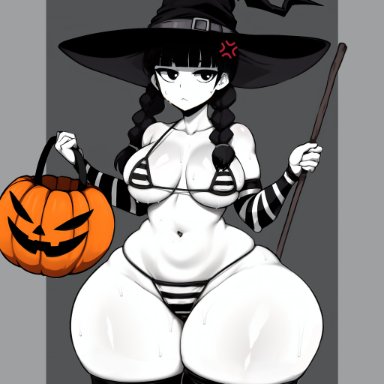 halloween, the addams family, wednesday addams, monochrome ai, 1girls, anger vein, big breasts, black hair, hyper thighs, looking at viewer, massive thighs, pale skin, pale-skinned female, striped bikini, striped legwear