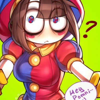 the amazing digital circus, pomni, minekoo2, brown hair, confused, confused look, female, gloves, jester, jester cap, jester costume, jester girl, jester hat, jester outfit, jestussy