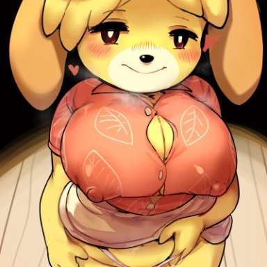 animal crossing, nintendo, isabelle (animal crossing), onlineworms, animal ears, animal nose, black eyes, blonde hair, blush, blush stickers, breasts, bursting breasts, cameltoe, cleavage, clothes lift