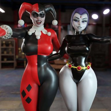 dc, dc comics, teen titans, harley quinn, harley quinn (classic), raven (dc), smitty34, 2girls, bodysuit, female, female focus, female only, leotard, thick thighs, 3d