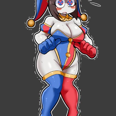 the amazing digital circus, pomni, mralee, big ass, big breasts, big thighs, brown hair, embarrassed, female, gloves, jester, jester cap, jester costume, jester girl, jester hat