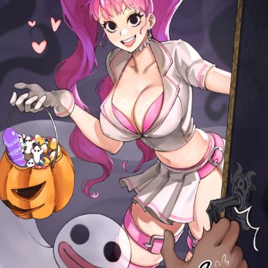 halloween, one piece, dracule mihawk, perona, jerrydurd, 1boy, 1girls, big breasts, breasts, bursting breasts, candy, cleavage, dildo, female, female focus