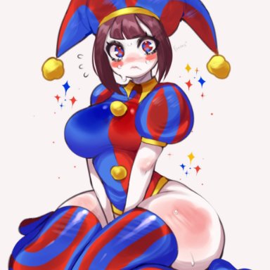 the amazing digital circus, pomni, fredek666, big breasts, big thighs, brown hair, female, gloves, huge thighs, jester, jester cap, jester costume, jester girl, jester hat, jester outfit