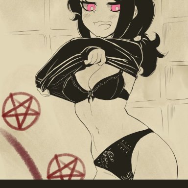the coffin of andy and leyley, ashley graves, nicomo86383171, black hair, laced panties, open mouth, pentagram, pink eyes, ponytail, shirt lift, underwear, undressing