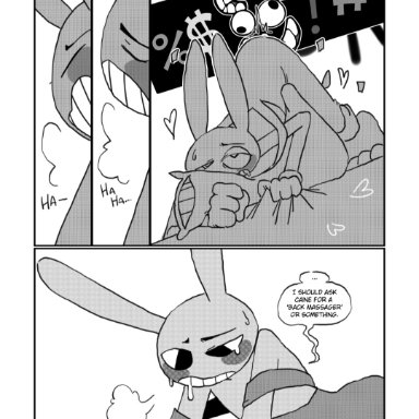 the amazing digital circus, jax (the amazing digital circus), mayonakuma, anthro, bunny, bunny ears, censored swearing, cumming, fully clothed, gloves, gripping sheets, heart, hugging pillow, humping, humping pillow