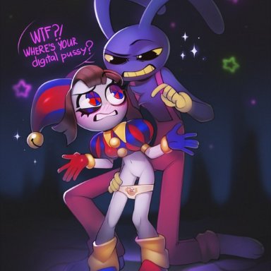 the amazing digital circus, jax (the amazing digital circus), pomni, artist request, anthro, blush, brown hair, bunny, bunny ears, confused, confused look, confusion, female, gloves, jester