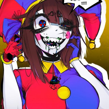 the amazing digital circus, pomni, artist request, abstract pomni, brown hair, crazy, crazy eyes, crazy smile, dialogue bubble, female, gloves, half-closed eye, insane, jester, jester cap