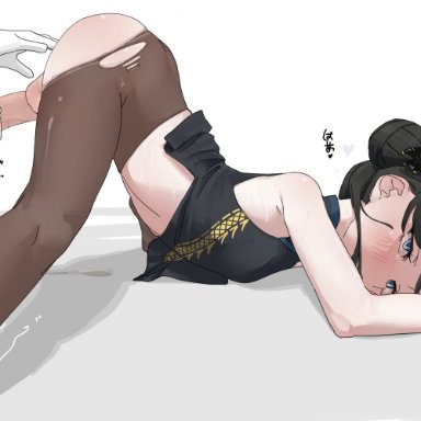 blue archive, kisaki (blue archive), straysecond, 1futa, all fours, big penis, black dress, black gloves, black hair, black pantyhose, bottomless, butterfly hair ornament, clothed, clothes lift, clothing