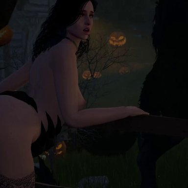 halloween, source filmmaker, the witcher (series), the witcher 3: wild hunt, triss merigold, yennefer, hyliamsfm, kassioppiava, macstarva, against tree, bent over, blowjob, face fucking, fence, forced