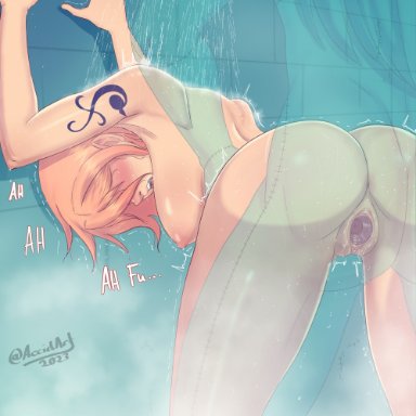 one piece, series, absalom, nami, nami (one piece), accidart, 1boy, 1girls, against wall, ass, bathroom, blush, closed eyes, invisible man, male