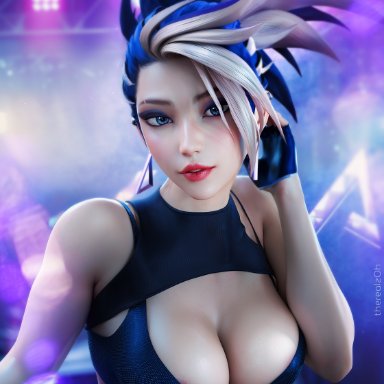 k/da all out series, league of legends, riot games, akali jhomen tethi, k/da all out akali, therealzoh, 1girls, areola slip, blue eyes, blue eyeshadow, blue hair, bra, cleavage, earrings, eyeshadow